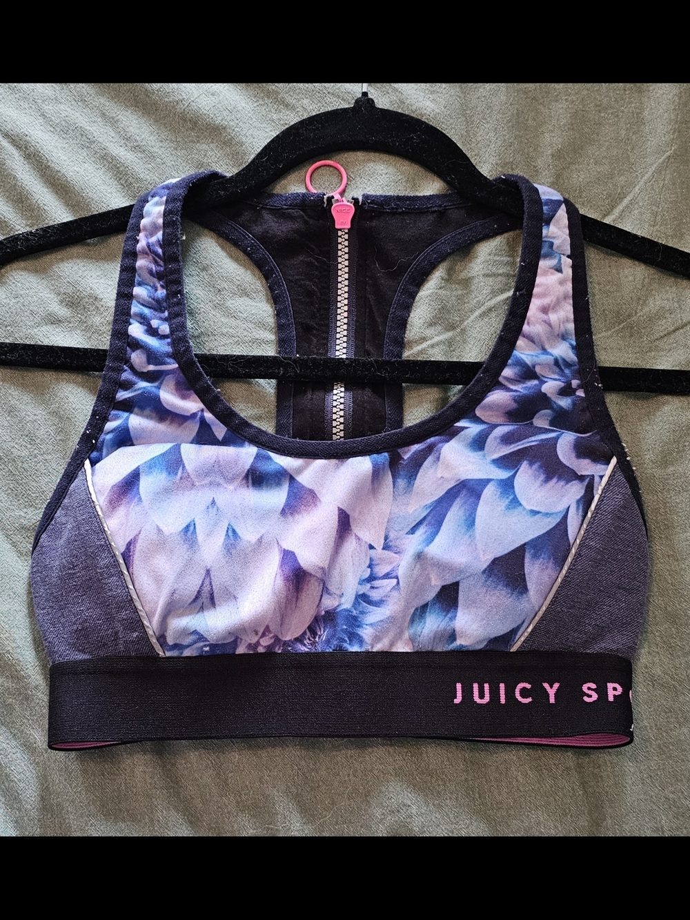 Juicy Couture JUICY SPORT Purple Floral Zip-Back Sports Bra with Pink Accents